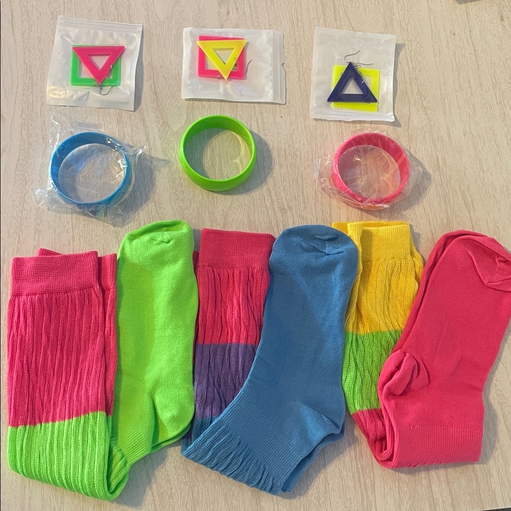 80s Party Accessories Set Neon Earrings Bangles Socks Retro Costume